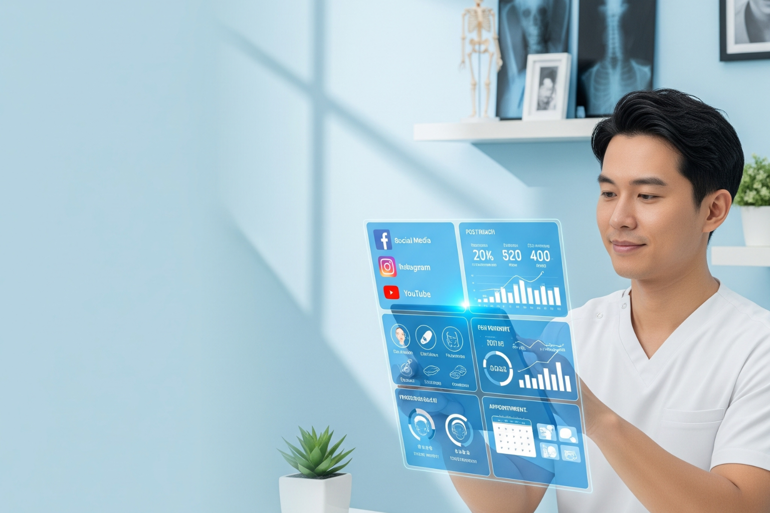 A sleek, modern cosmetic clinic interior with a soft sky-blue and white color palette, soft ambient lighting, and clean design. On the right side, place two Cosmetic Surgeons (one male, one female) wearing stylish light-blue scrubs and white lab coats. They are standing together, examining a digital tablet interface. Floating near them are soft, glowing holographic icons representing cosmetic procedures: Facial outlines Body contour diagrams Stylized icons of a nose, lips, chin/jawline, and a facelift silhouette Add translucent icons of Instagram, YouTube, and Facebook above the tablet Use a minimal, futuristic icon style with white or light blue glows, softly hovering in 3D space. The clinic background should be neutral and elegant, with aesthetic-themed decor (no X-rays or skeletons). Add subtle reflections and clean depth of field for realism.
